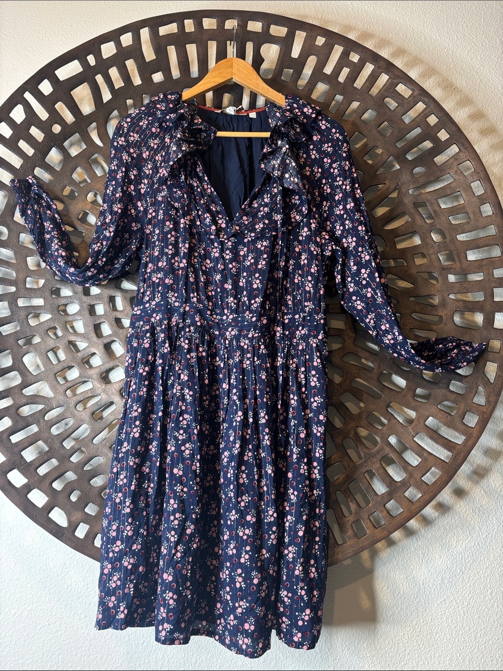 🌸Cottagecore Longsleeve Navy Floral Ruffle Midi Dress Side Zip NWT Boden 10R🌸